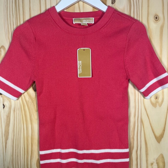 Michael Kors women pink Short-Sleeve Knit Top with White Stripe Trim - Picture 4 of 5